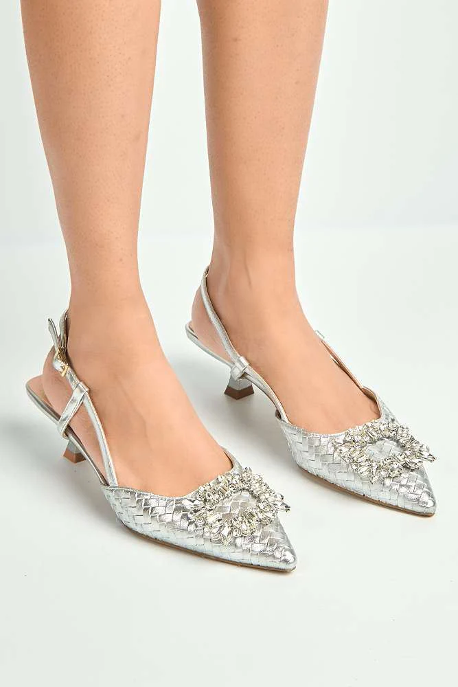 Irina Woven Panel Diamante Broach Slingback Court Shoes in Silver