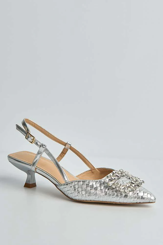 Irina Woven Panel Diamante Broach Slingback Court Shoes in Silver - Image 4