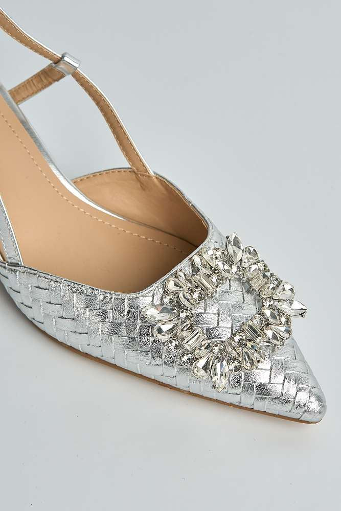 Irina Woven Panel Diamante Broach Slingback Court Shoes in Silver - Image 5