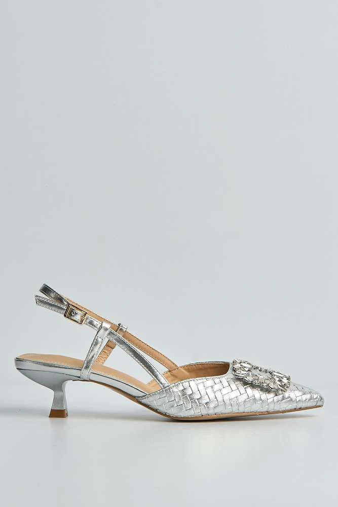 Irina Woven Panel Diamante Broach Slingback Court Shoes in Silver - Image 6