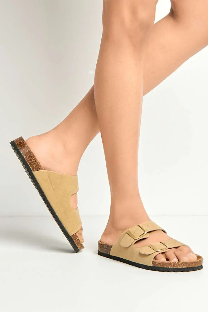 Iris Two Strap Buckle Detail Sliders in Taupe