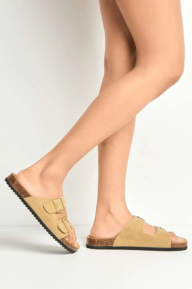 Iris Two Strap Buckle Detail Sliders in Taupe - Image 2