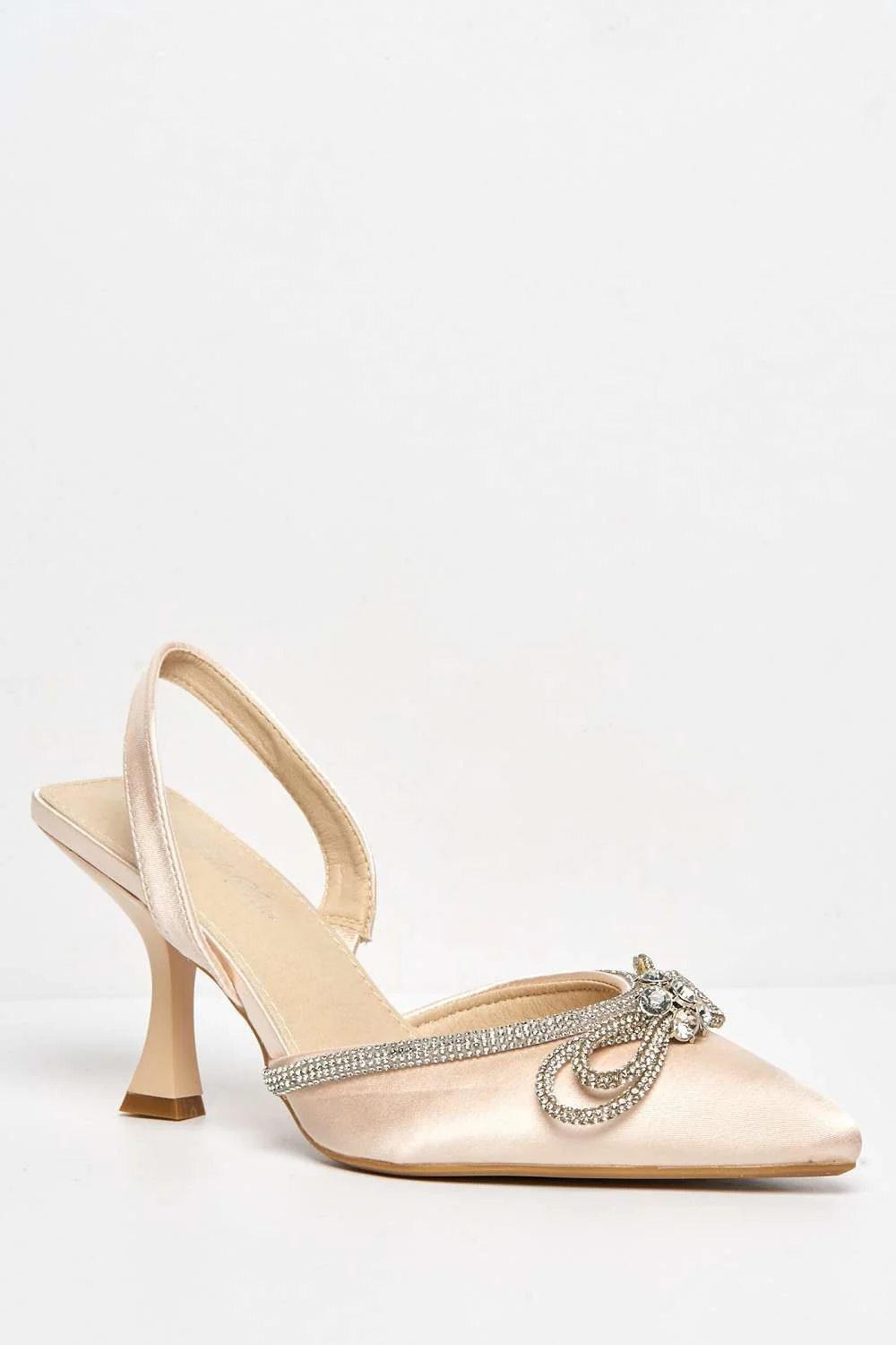 Irma Diamante Embellished Sling Back Court Shoes with Bow Detail in Beige - Image 4