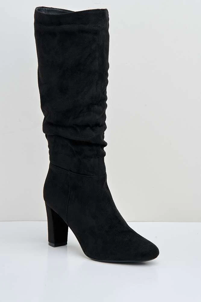 Isadora Pointed Toe Block Heel Ruched Over Knee Boots in Black