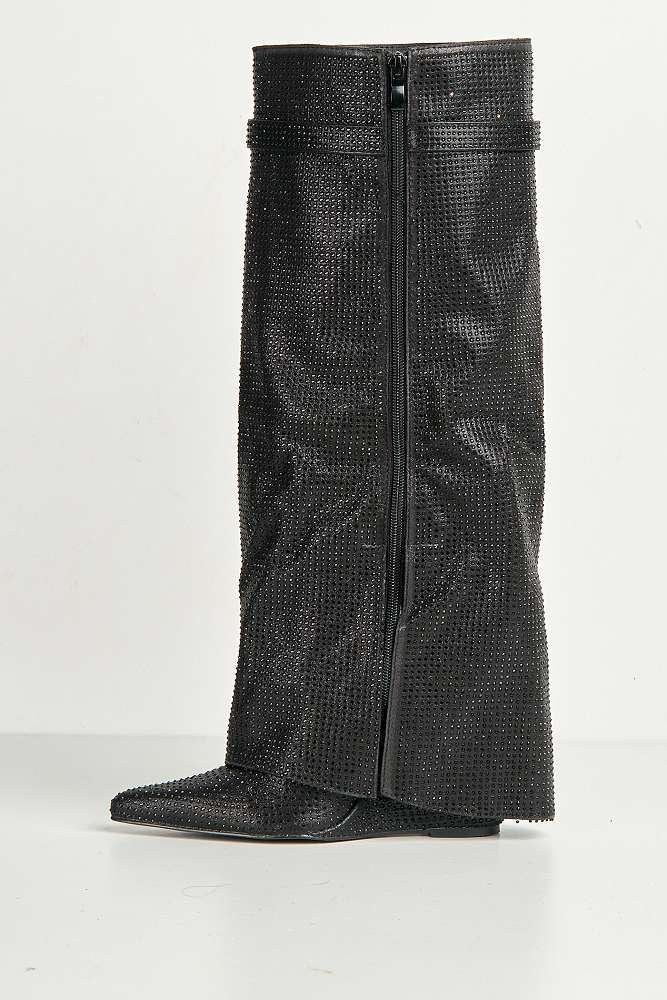 Isadora Pointed Toe Diamante Encrusted Knee High Boots in Black - Image 7