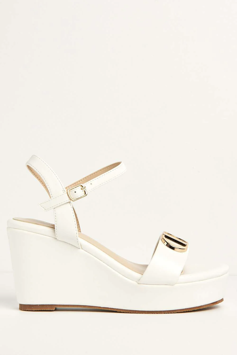 Islo Letter Brooch Detail Ankle Strap Wedges in White - Image 5