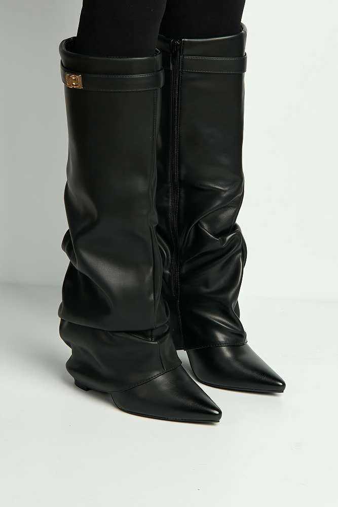 Izel Block Heel Pointy Toe Gold Trim Buckle Ruched Boots in Black Matt - Image 2