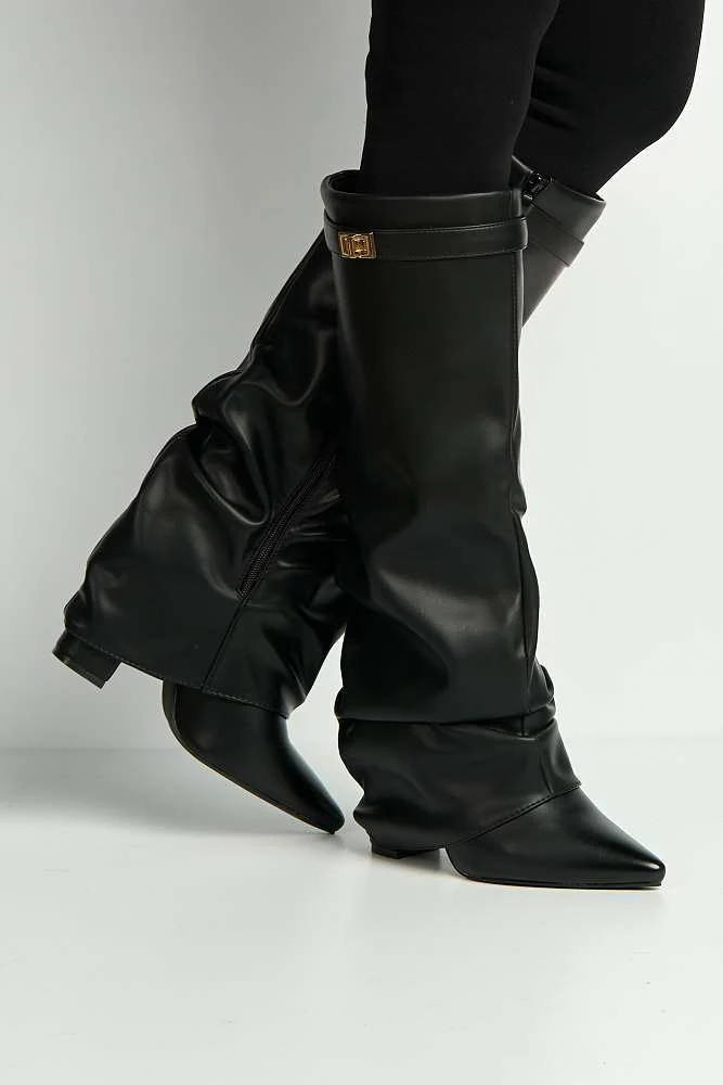 Izel Block Heel Pointy Toe Gold Trim Buckle Ruched Boots in Black Matt - Image 3