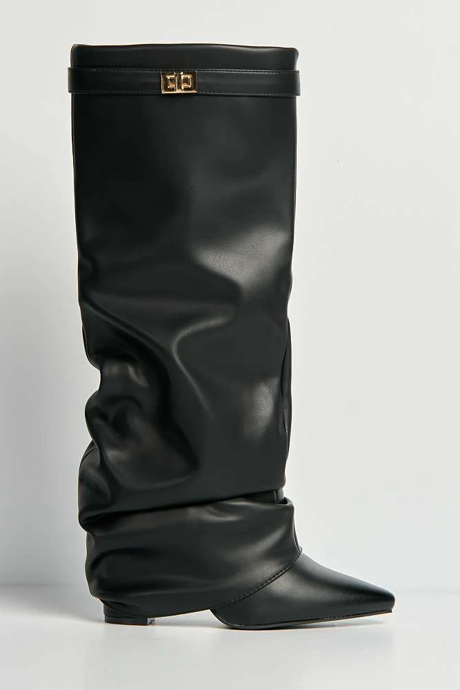 Izel Block Heel Pointy Toe Gold Trim Buckle Ruched Boots in Black Matt - Image 4