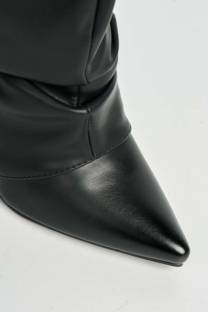 Izel Block Heel Pointy Toe Gold Trim Buckle Ruched Boots in Black Matt - Image 5