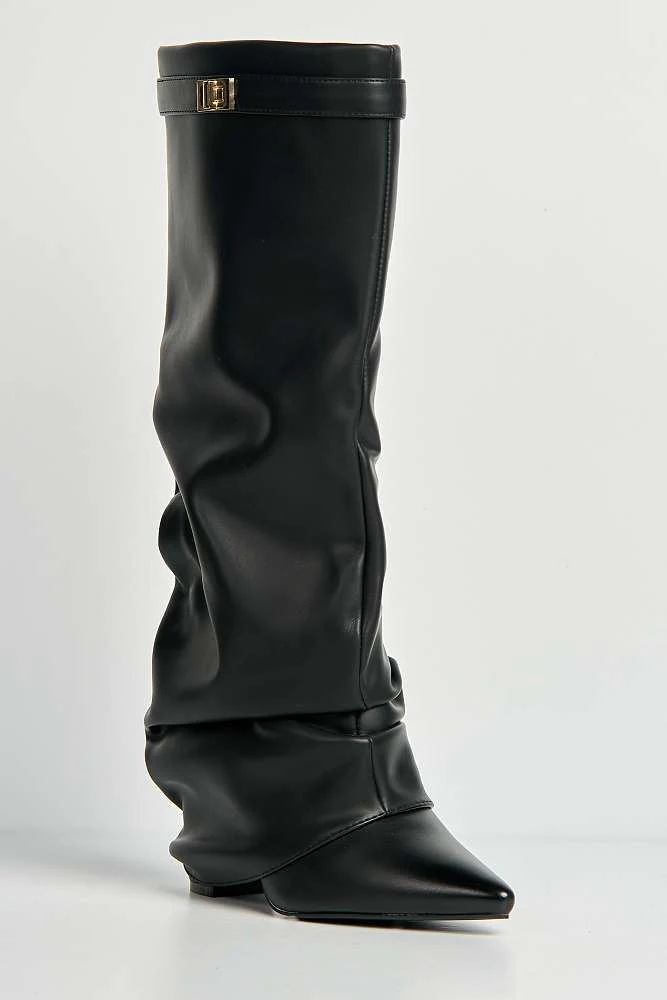 Izel Block Heel Pointy Toe Gold Trim Buckle Ruched Boots in Black Matt - Image 6