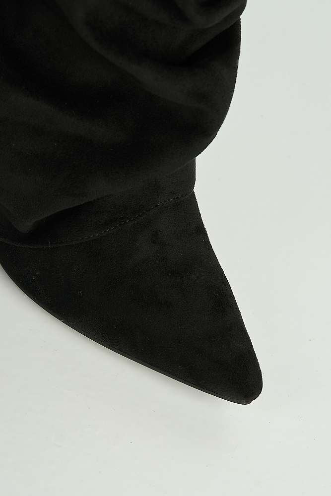 Izel Block Heel Pointy Toe Gold Trim Buckle Ruched Boots in Black Suede - Image 5