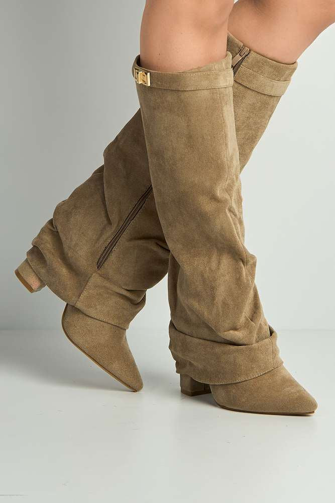 Izel Block Heel Pointy Toe Gold Trim Buckle Ruched Boots in Taupe Suede - Image 2