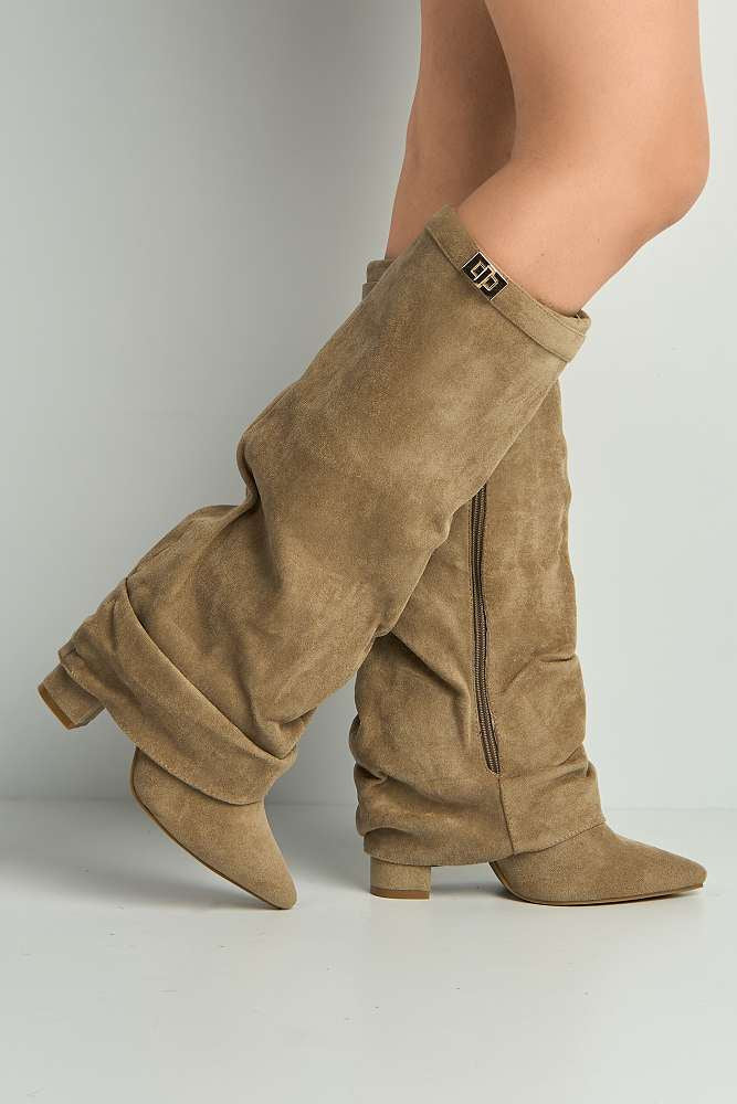 Izel Block Heel Pointy Toe Gold Trim Buckle Ruched Boots in Taupe Suede - Image 3