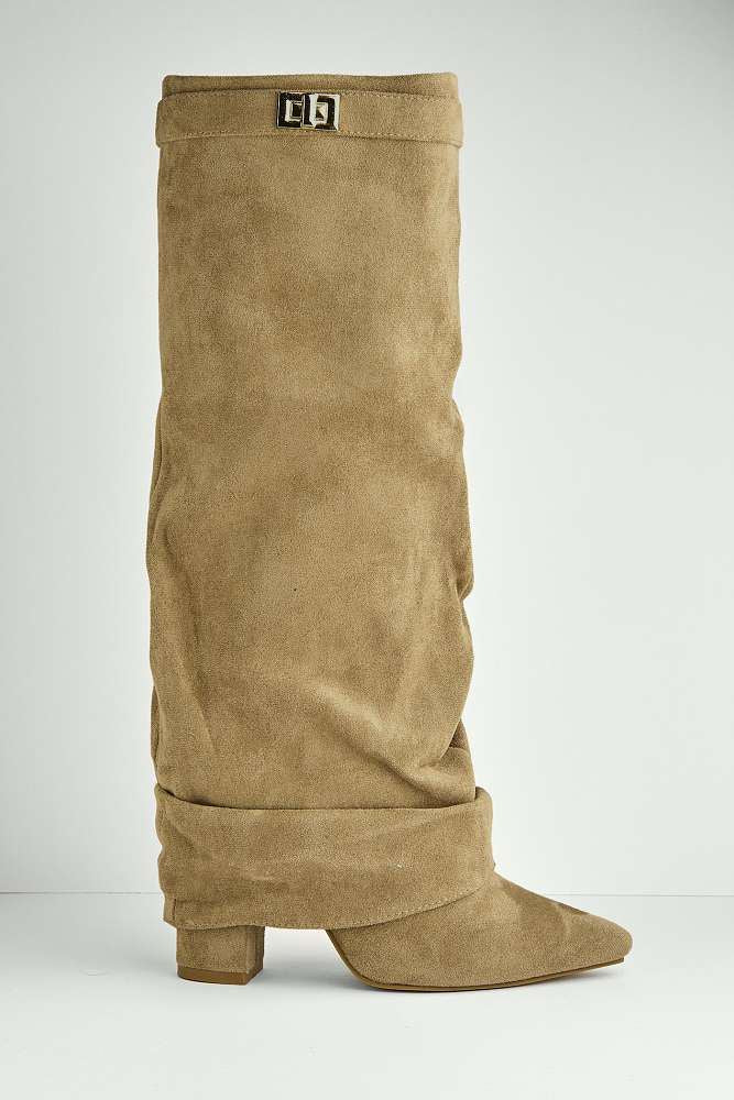 Izel Block Heel Pointy Toe Gold Trim Buckle Ruched Boots in Taupe Suede - Image 4