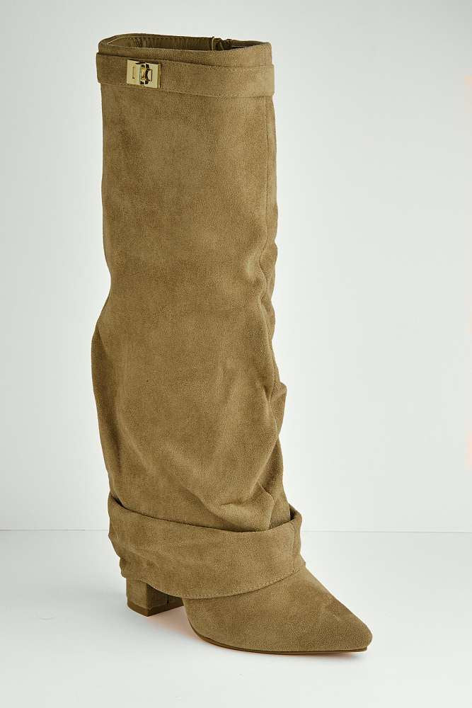 Izel Block Heel Pointy Toe Gold Trim Buckle Ruched Boots in Taupe Suede - Image 5