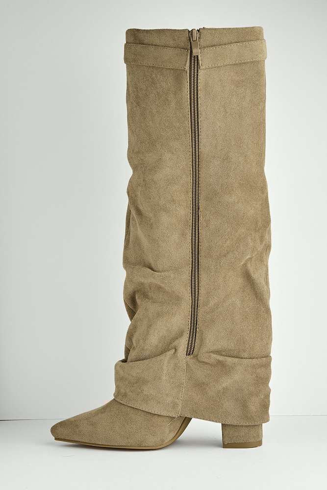 Izel Block Heel Pointy Toe Gold Trim Buckle Ruched Boots in Taupe Suede - Image 6