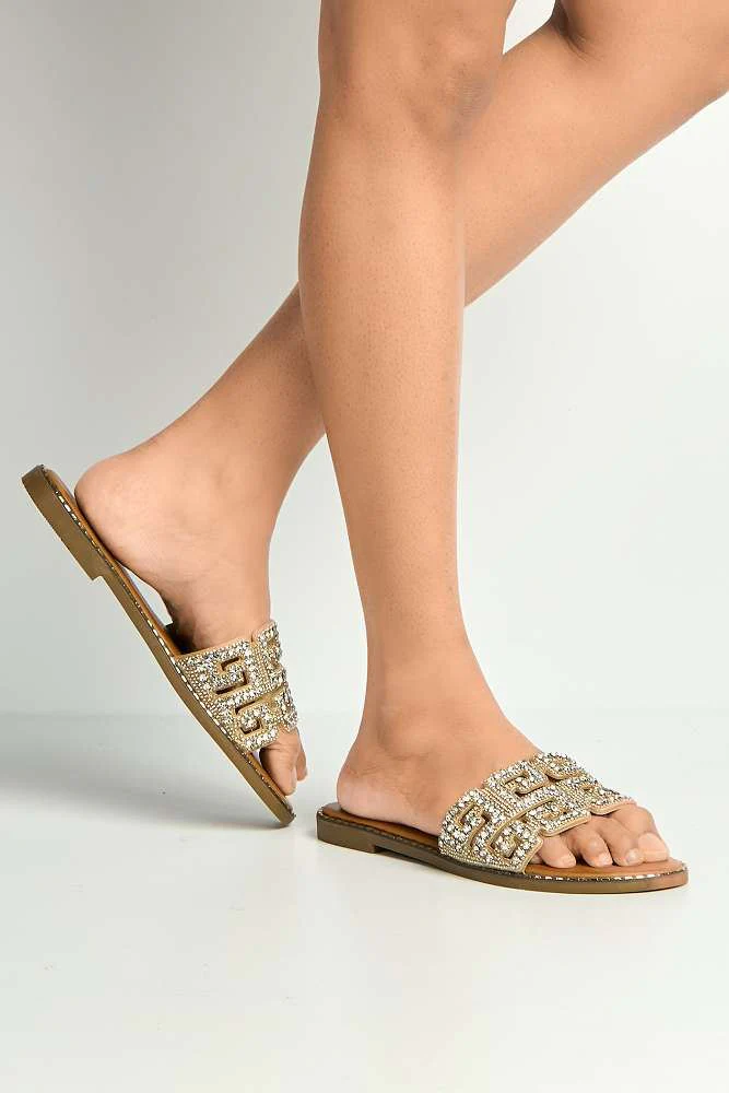 Izela Diamante Cut Out Band Flat Sliders in Gold - Image 2