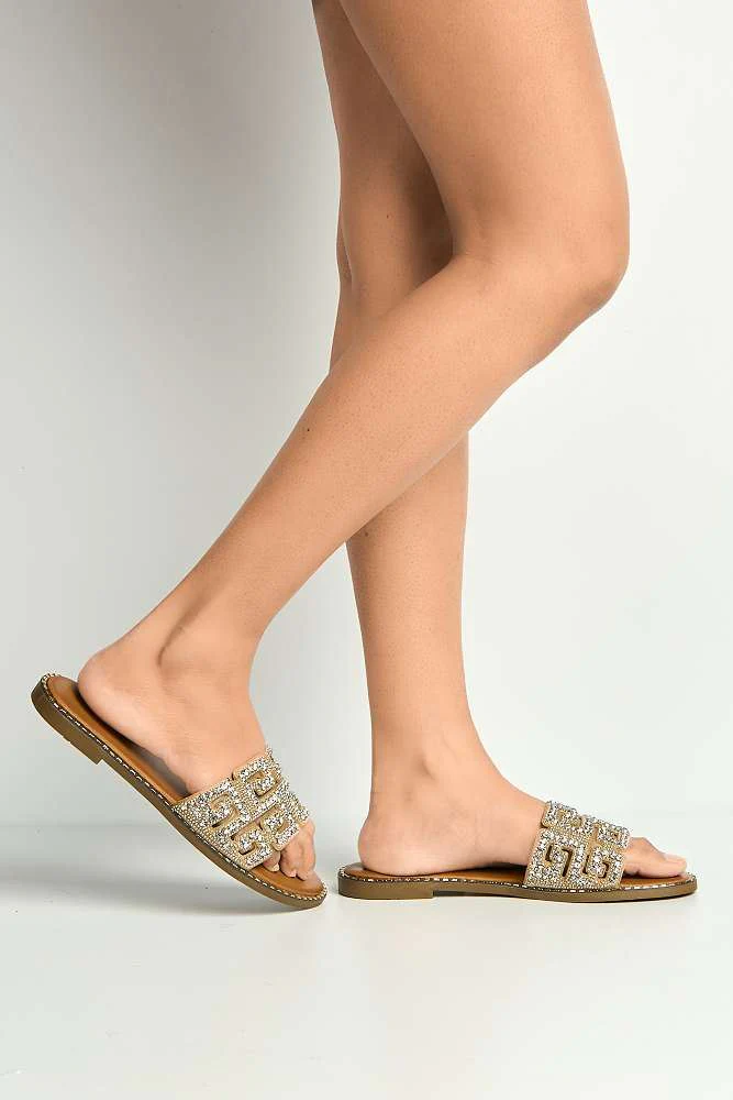 Izela Diamante Cut Out Band Flat Sliders in Gold - Image 3