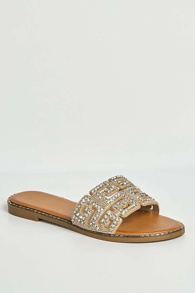 Izela Diamante Cut Out Band Flat Sliders in Gold - Image 4