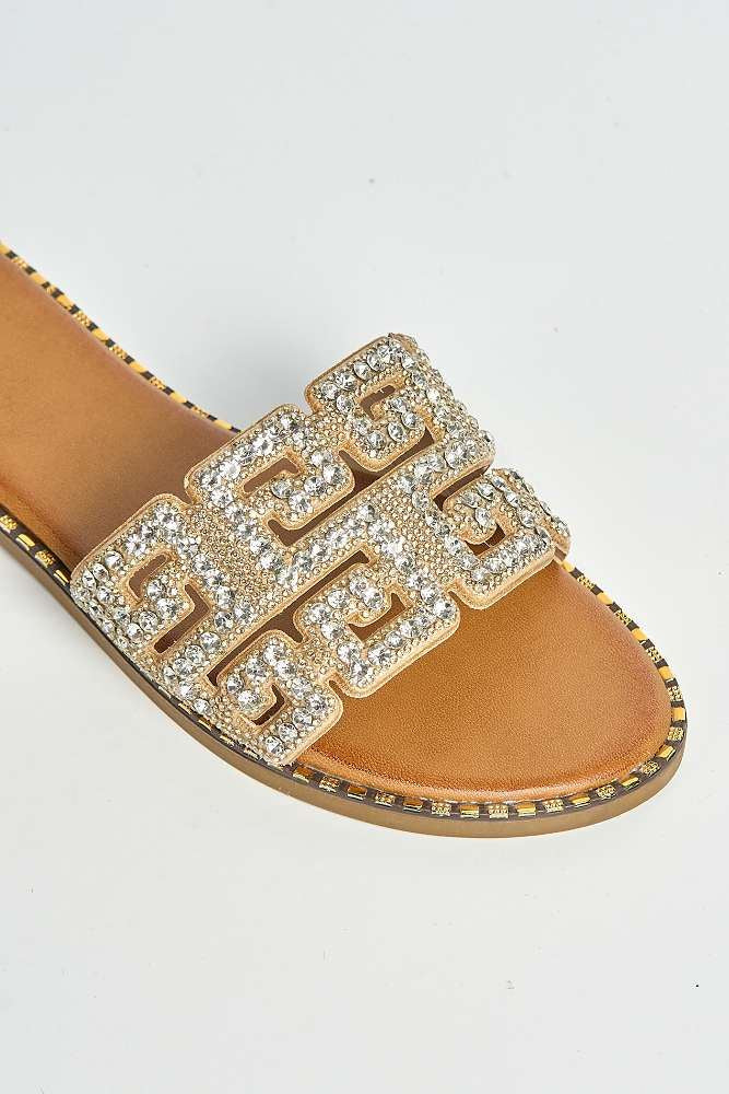 Izela Diamante Cut Out Band Flat Sliders in Gold - Image 5
