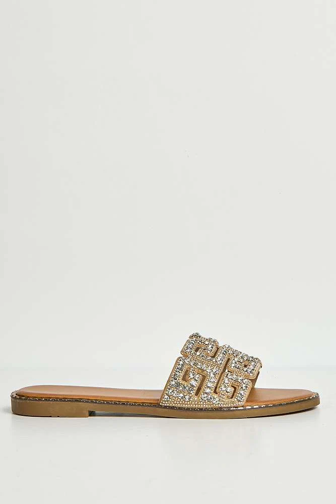 Izela Diamante Cut Out Band Flat Sliders in Gold - Image 6