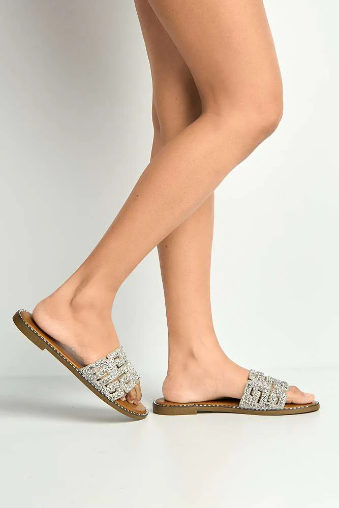 Izela Diamante Cut Out Band Flat Sliders in Silver - Image 3