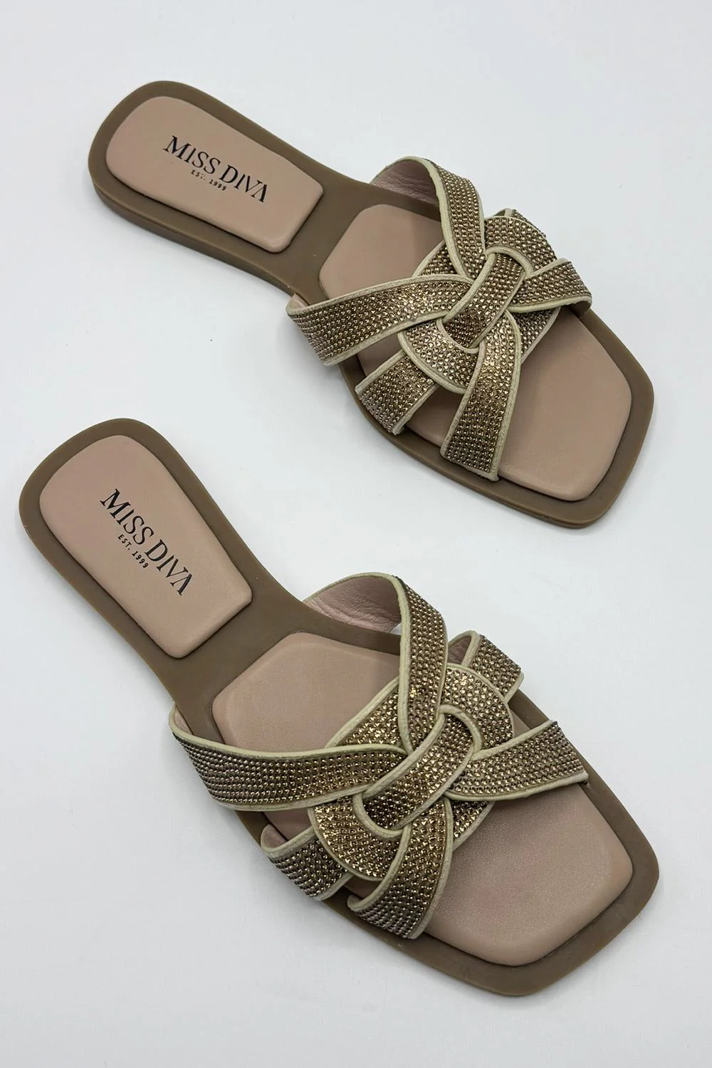 Izma Diamante Embellished Square-Toe Sliders in Gold - Image 2