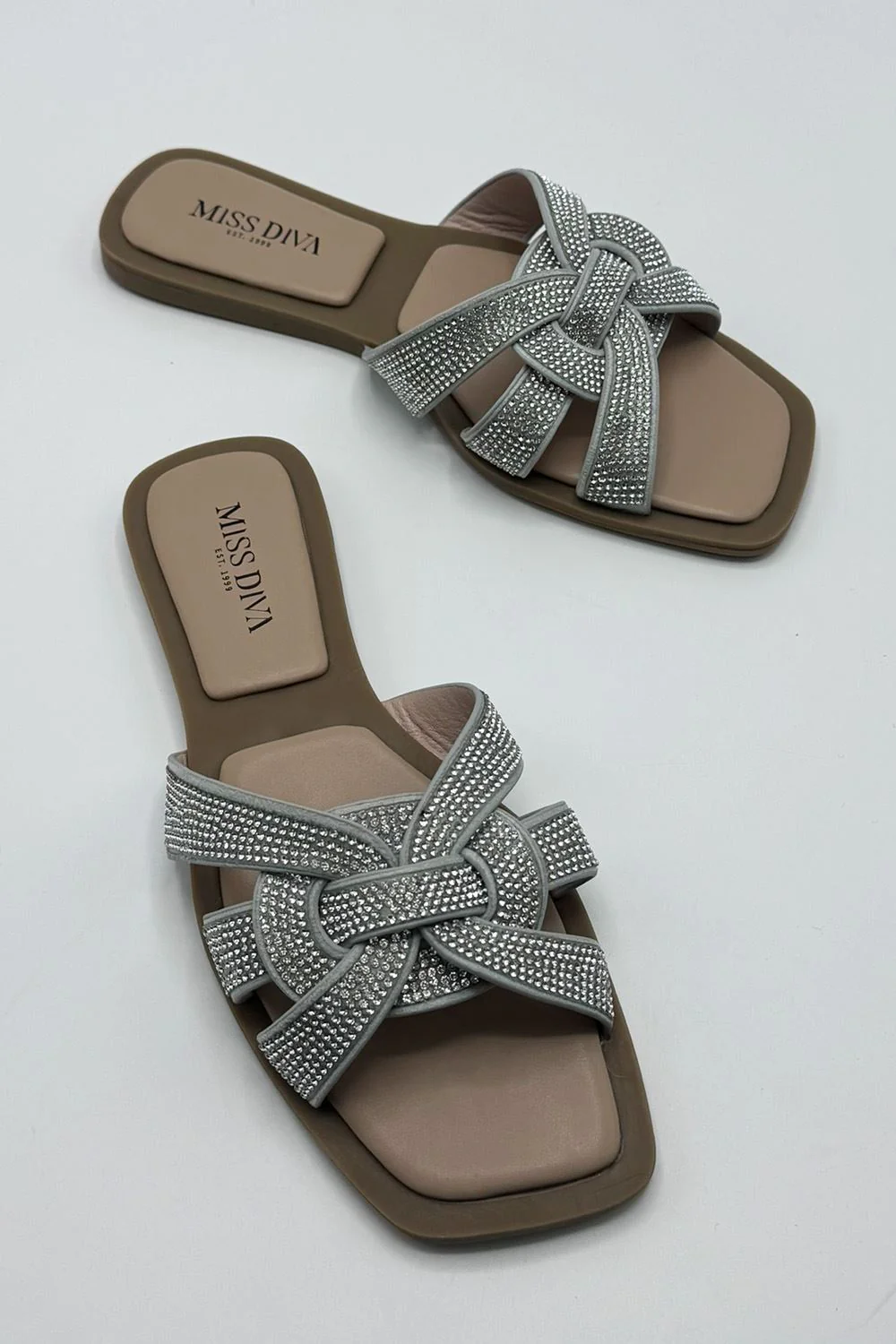 Izma Diamante Embellished Square-Toe Sliders in Silver - Image 2