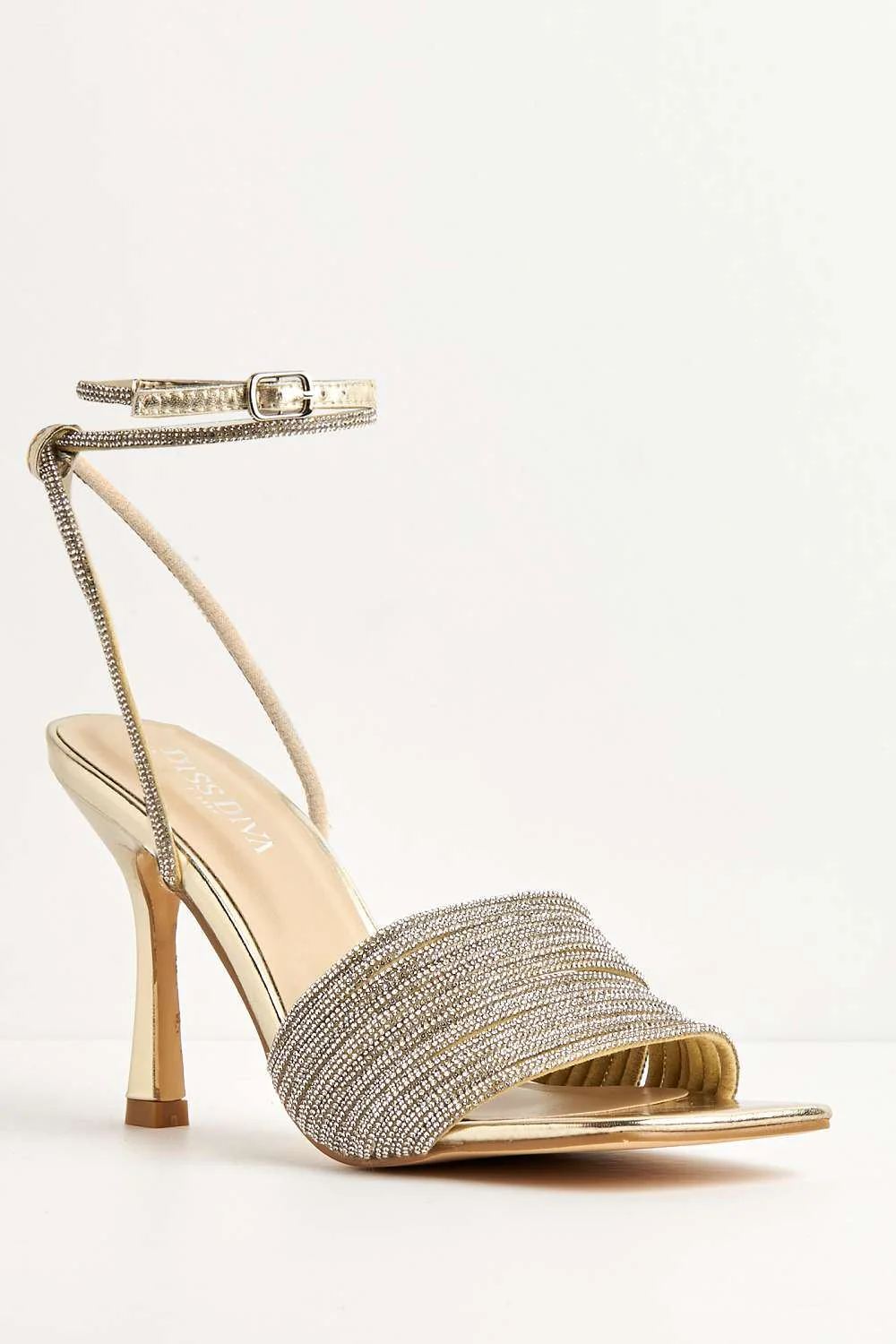 Izza Diamante Embellished Lace Up Ankle Strap Heels in Gold - Image 4