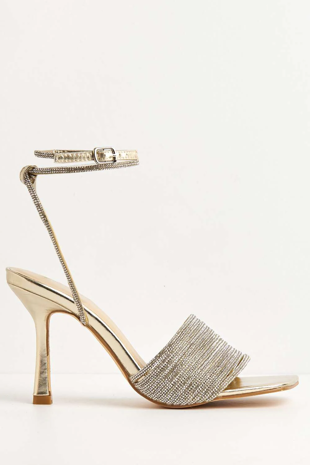 Izza Diamante Embellished Lace Up Ankle Strap Heels in Gold - Image 5