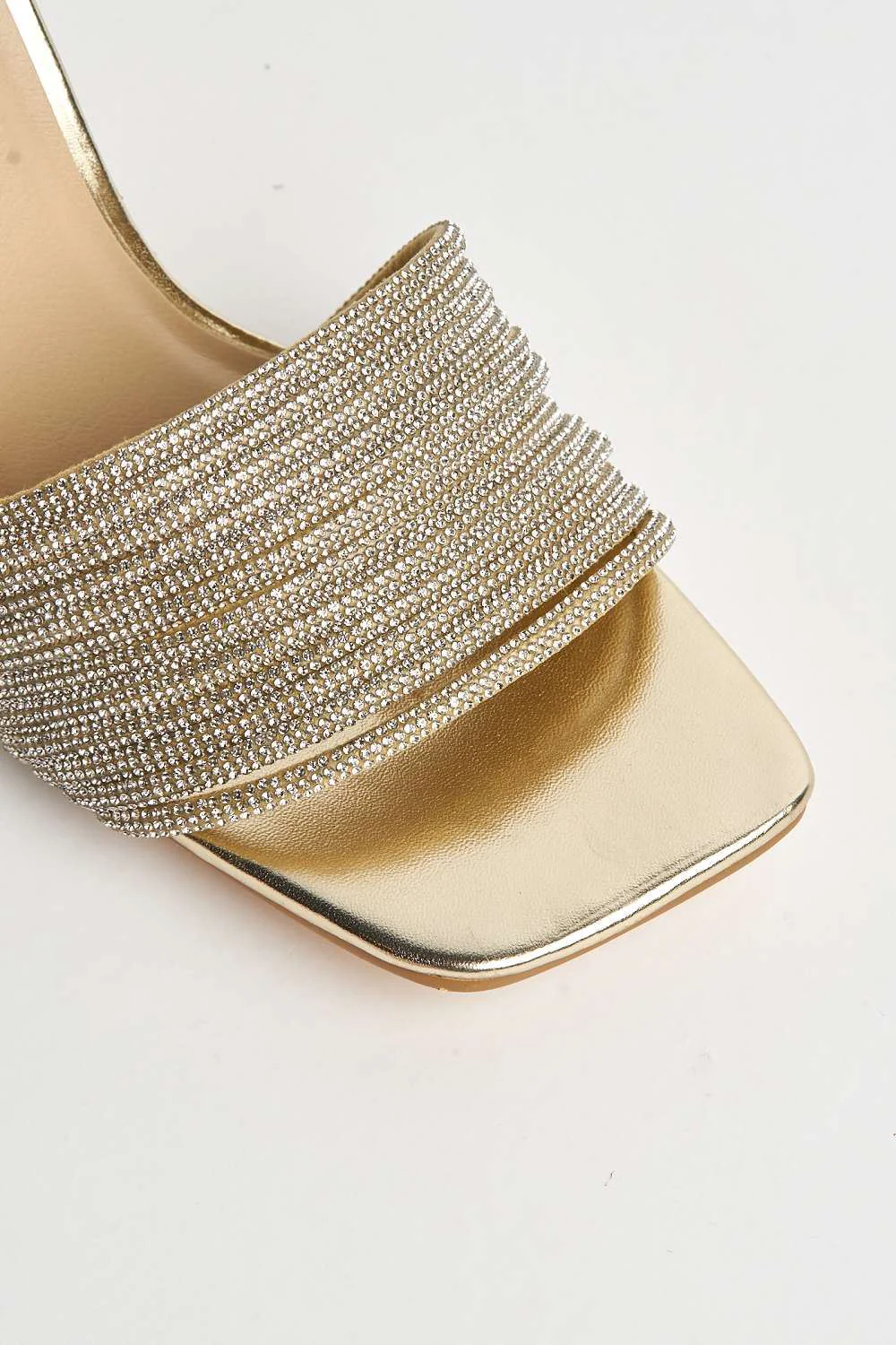 Izza Diamante Embellished Lace Up Ankle Strap Heels in Gold - Image 6