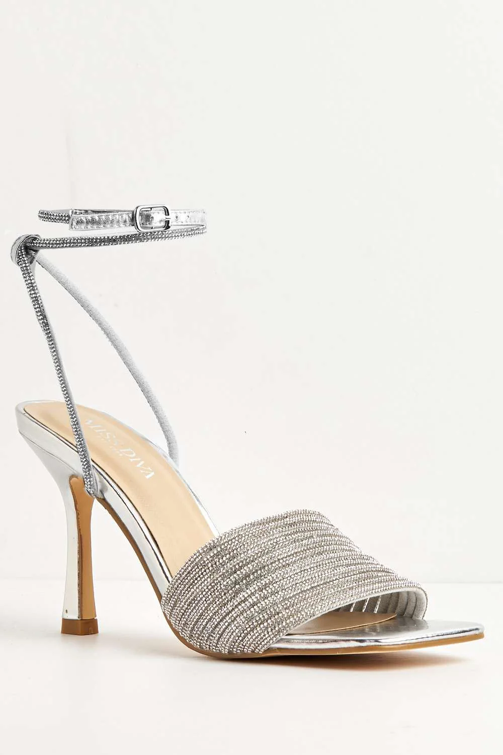 Izza Diamante Embellished Lace Up Ankle Strap Heels in Silver - Image 4