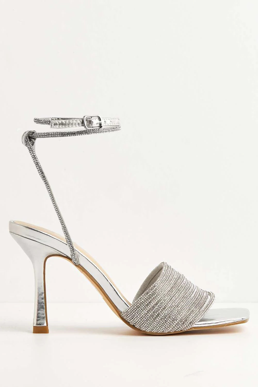 Izza Diamante Embellished Lace Up Ankle Strap Heels in Silver - Image 5