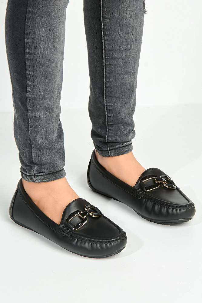 Janet Flat Square Toe Loafers with Chain Detail in Black - Image 3