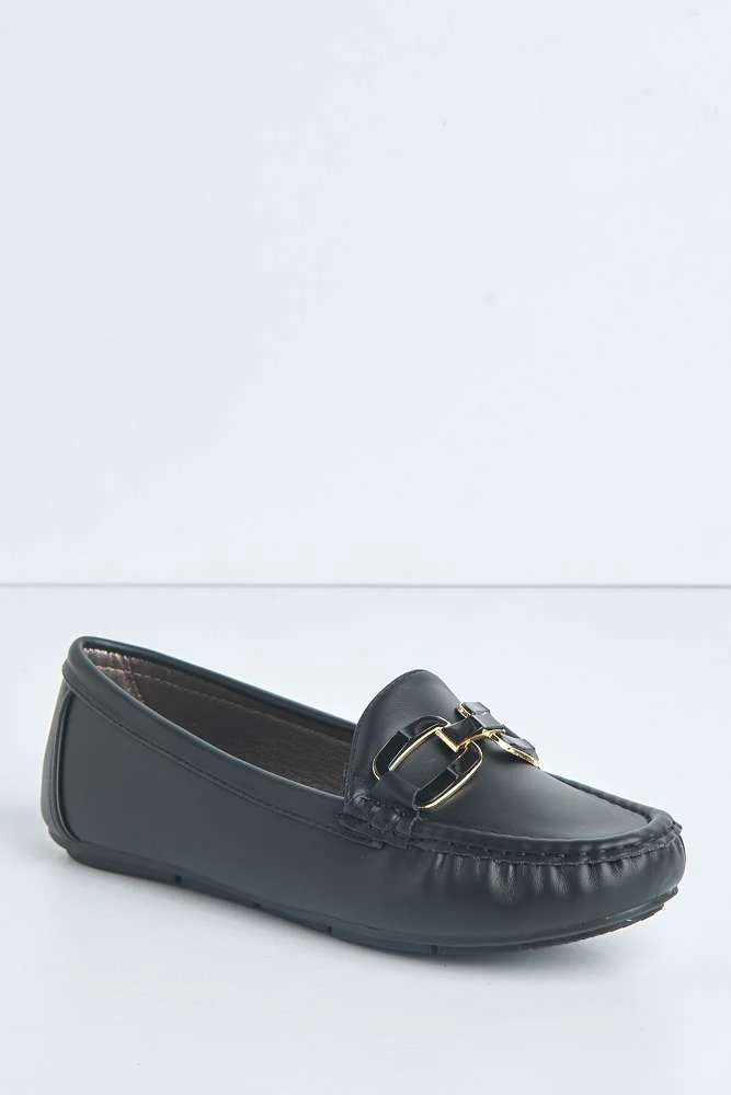 Janet Flat Square Toe Loafers with Chain Detail in Black - Image 5