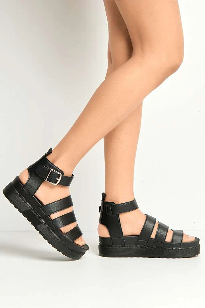 Janice 3 Band High Cleated Anklestrap Sandal in Black - Image 2