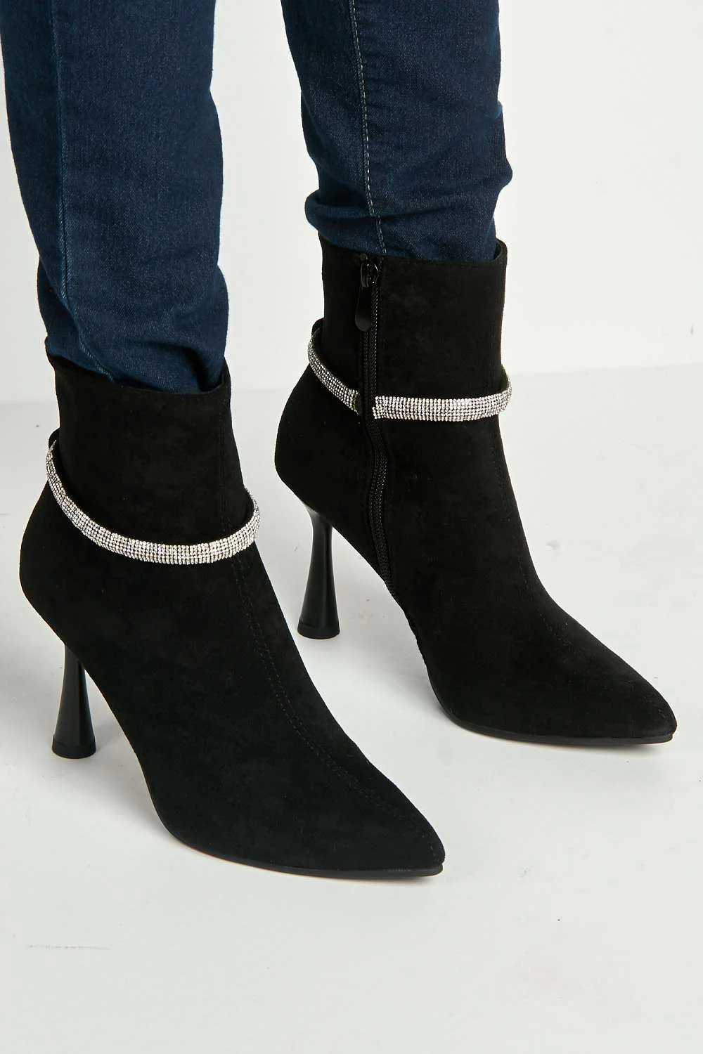 Jannie Diamante Detail Side Zip Heeled Ankle Boots in Black Suede
