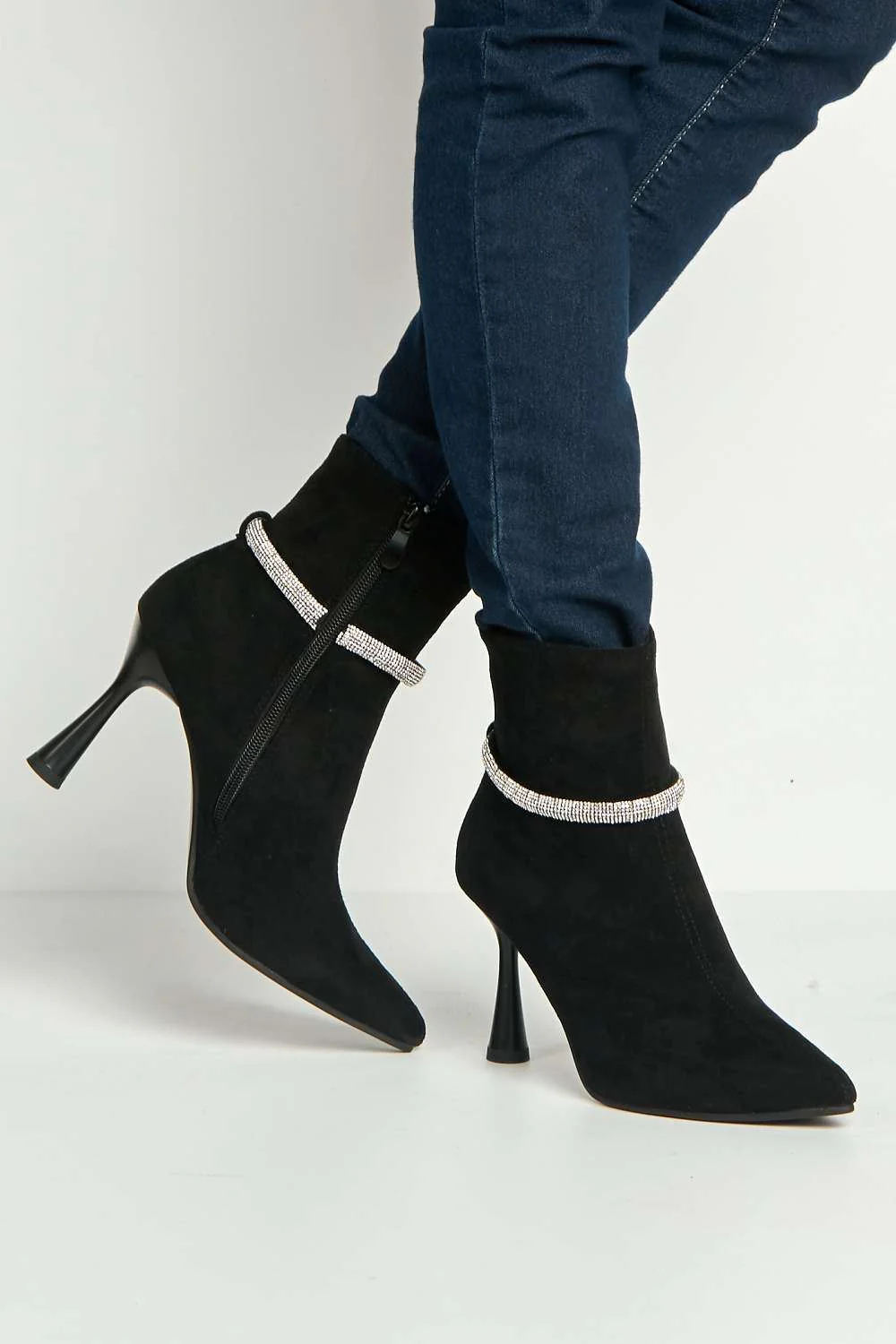 Jannie Diamante Detail Side Zip Heeled Ankle Boots in Black Suede - Image 2
