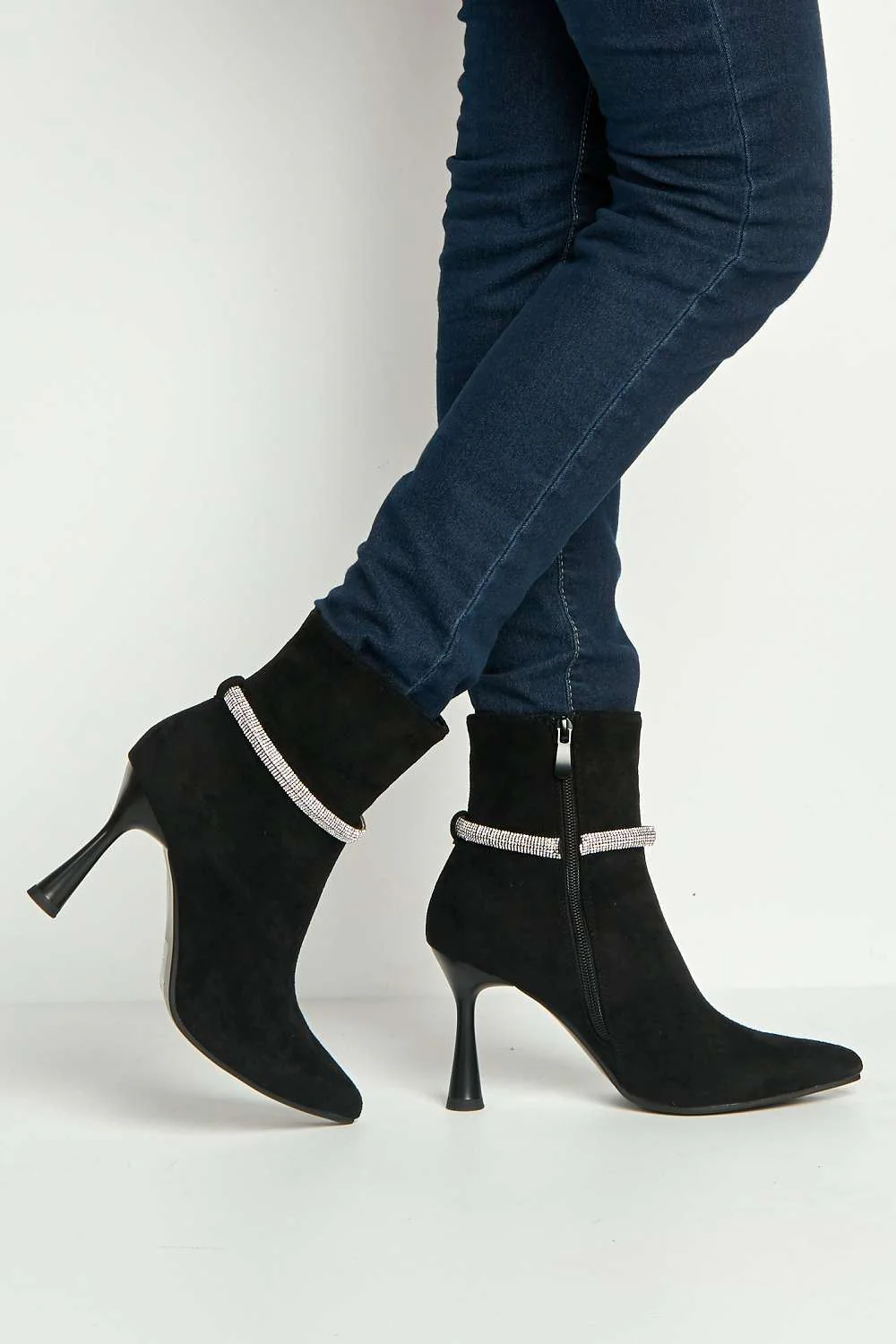 Jannie Diamante Detail Side Zip Heeled Ankle Boots in Black Suede - Image 3