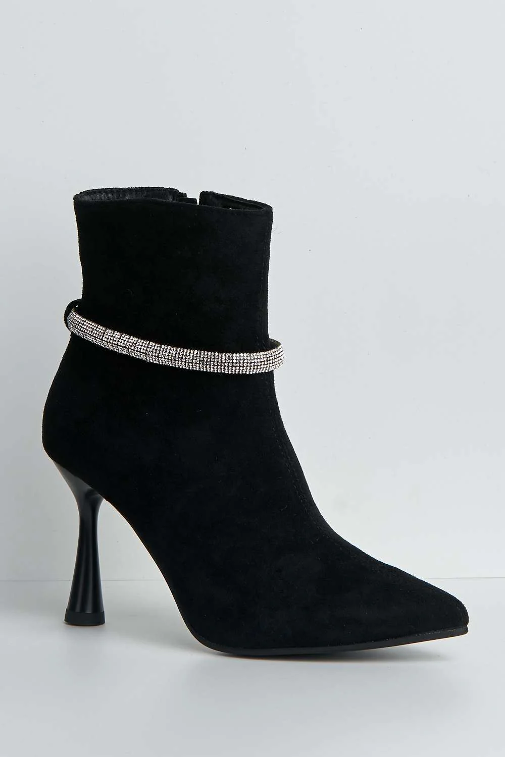 Jannie Diamante Detail Side Zip Heeled Ankle Boots in Black Suede - Image 4