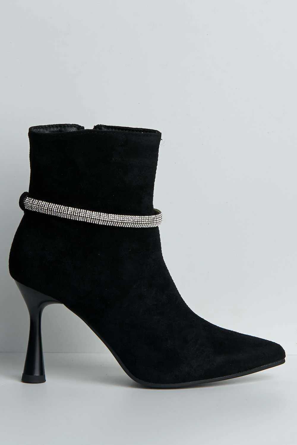 Jannie Diamante Detail Side Zip Heeled Ankle Boots in Black Suede - Image 5