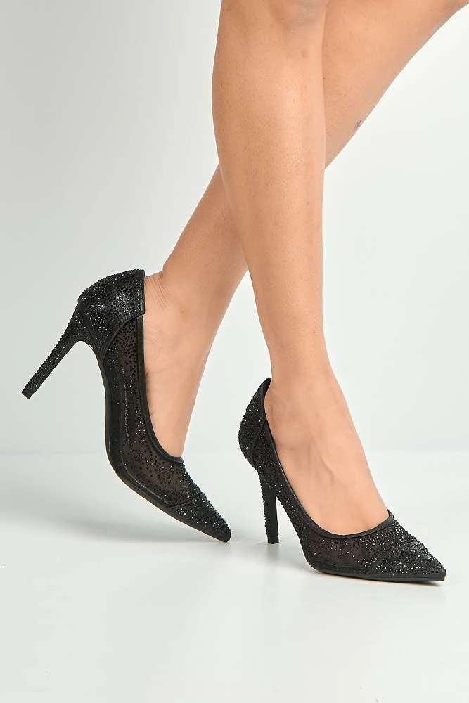 Jasmine Mesh Detail Gemstone Embellished Court Shoes in Black