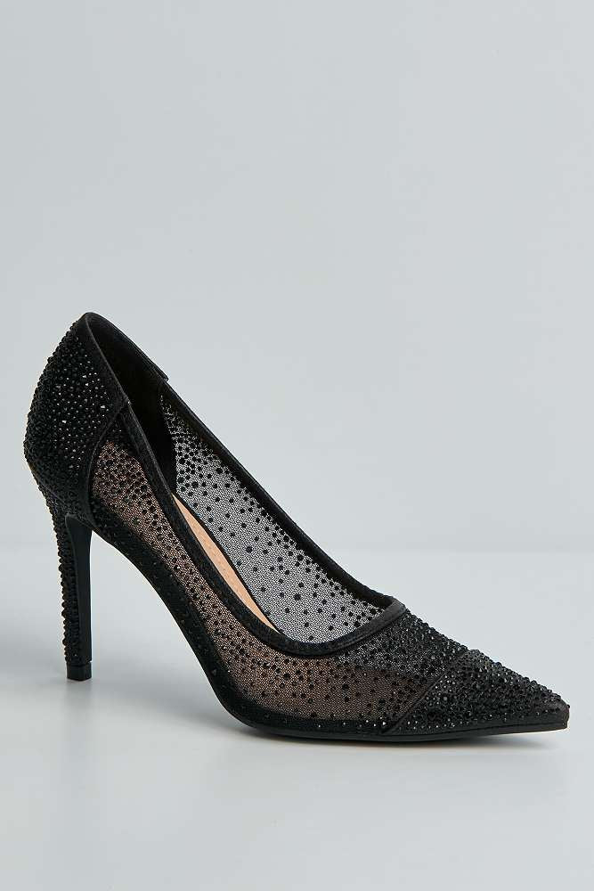 Jasmine Mesh Detail Gemstone Embellished Court Shoes in Black - Image 4