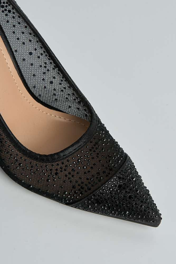 Jasmine Mesh Detail Gemstone Embellished Court Shoes in Black - Image 5