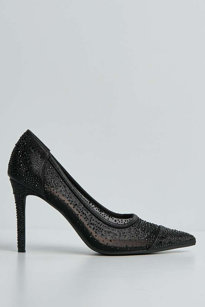 Jasmine Mesh Detail Gemstone Embellished Court Shoes in Black - Image 6