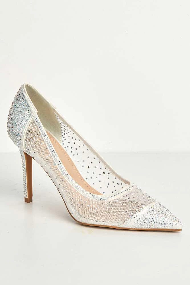 Jasmine Mesh Detail Gemstone Embellished Court Shoes in Silver - Image 4