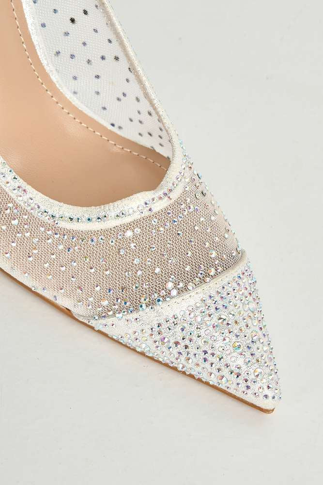 Jasmine Mesh Detail Gemstone Embellished Court Shoes in Silver - Image 5