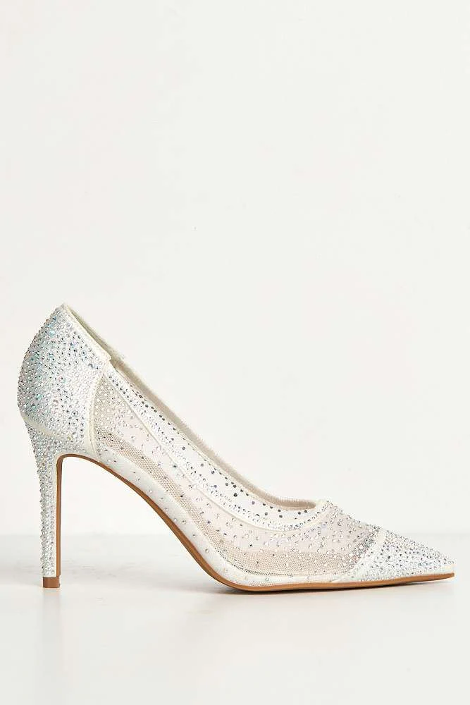 Jasmine Mesh Detail Gemstone Embellished Court Shoes in Silver - Image 6