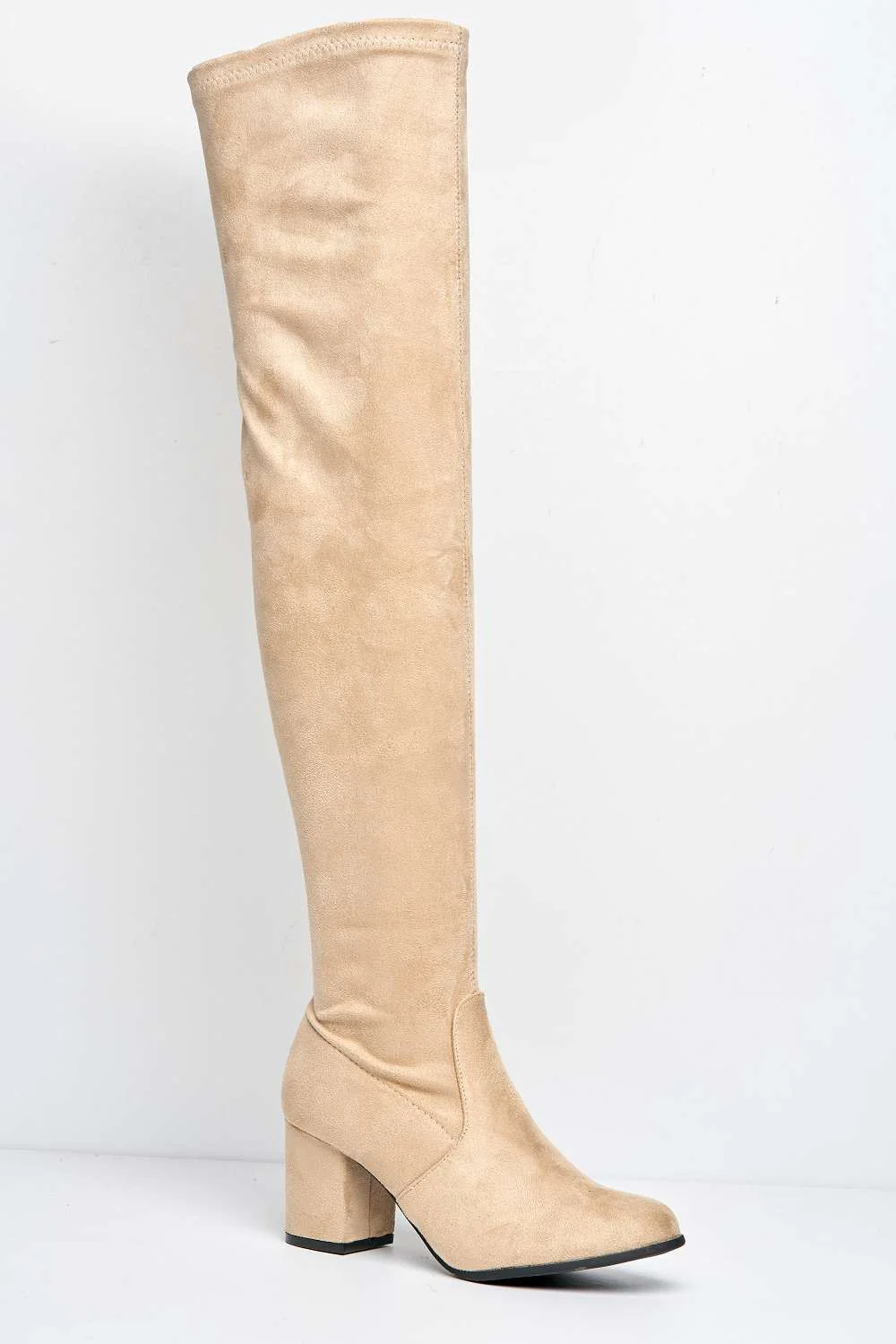 Jayda Over The Knee Block Heel Boots in Beige - Image 4